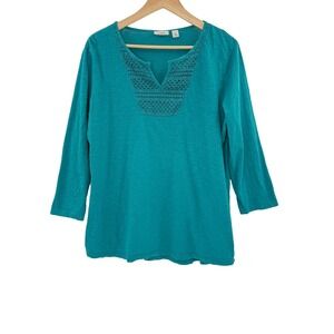L.L.Bean Women's Teal Cotton 3/4 Sleeve Top Embroidered V Neck Preppy‎ Mature
